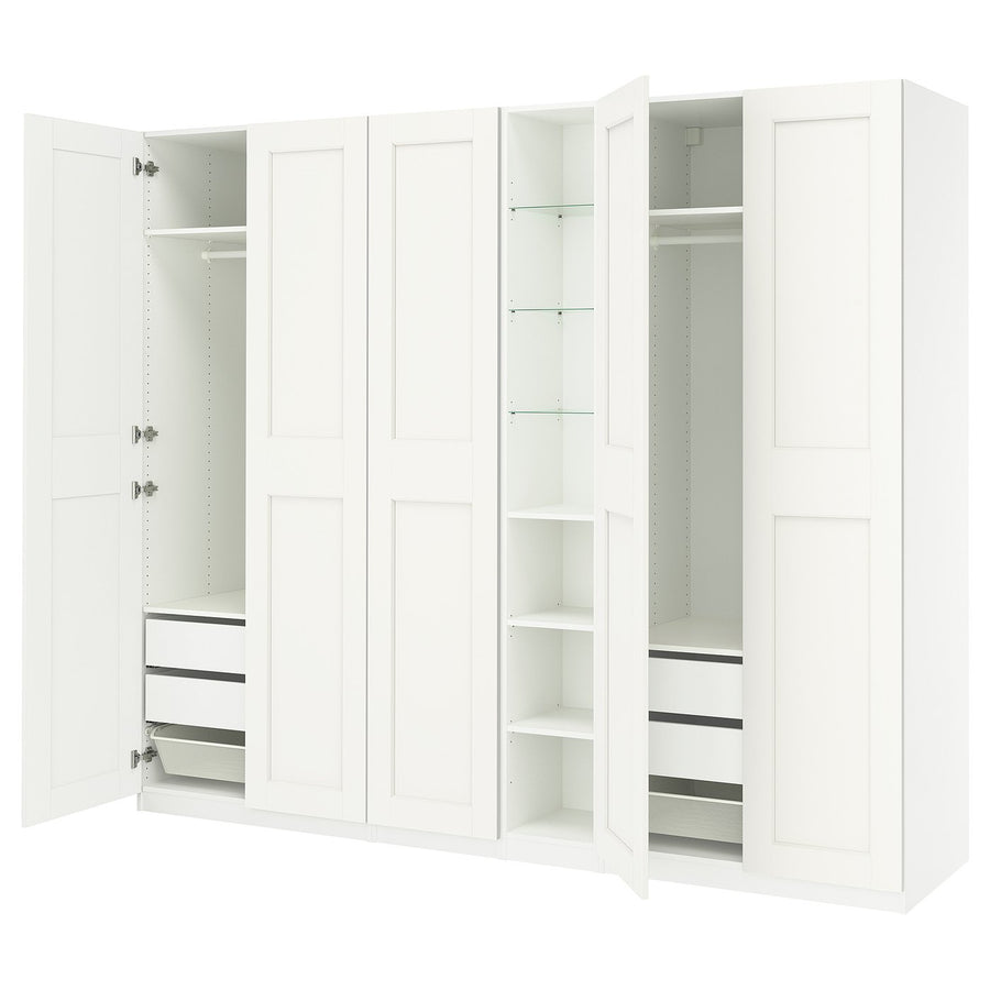 PAX / GRIMO wardrobe combination, white white/white, 285x60x236 cm