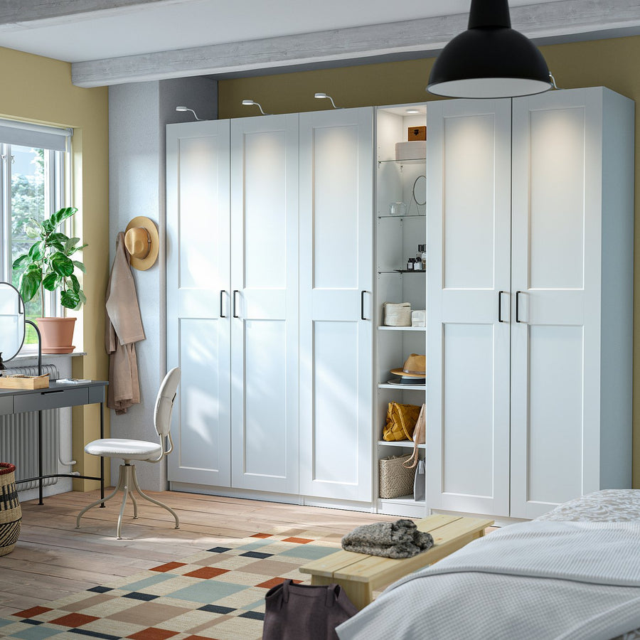 PAX / GRIMO wardrobe combination, white white/white, 285x60x236 cm
