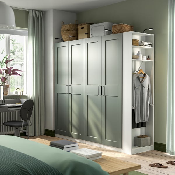 PAX / GRIMO wardrobe combination, white grey-green/white, 220x60x201 cm