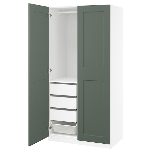 PAX / GRIMO wardrobe combination, white/grey-green, 100x60x201 cm