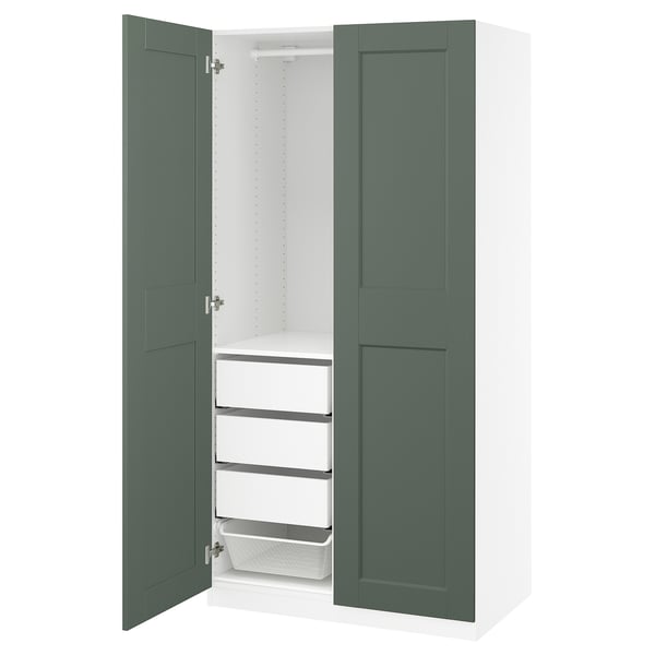PAX / GRIMO wardrobe combination, white/grey-green, 100x60x201 cm