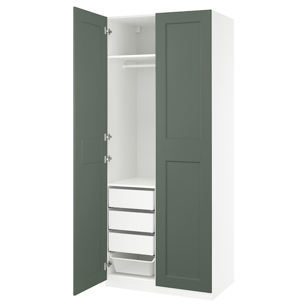 PAX / GRIMO wardrobe combination, white/grey-green, 100x60x236 cm