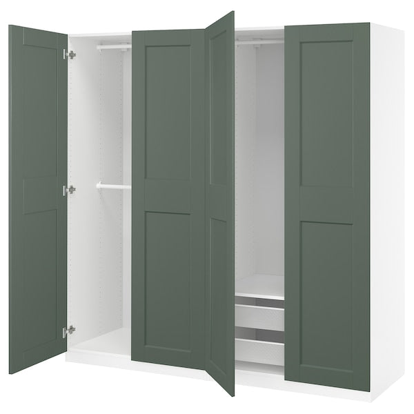 PAX / GRIMO wardrobe combination, white/grey-green, 200x60x201 cm
