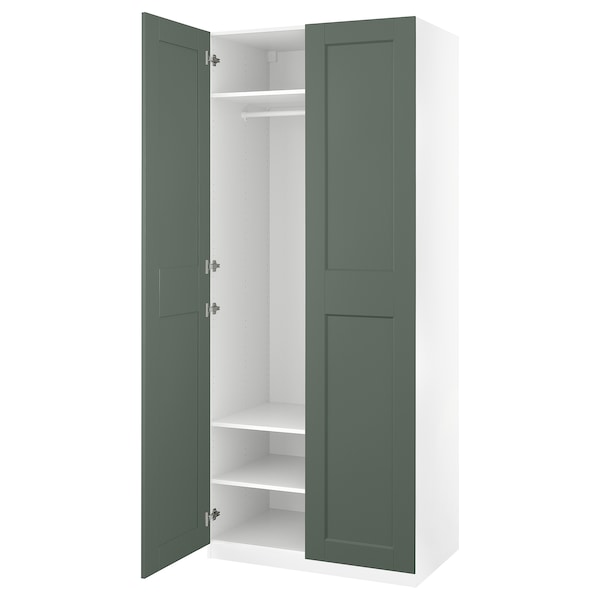 PAX / GRIMO wardrobe combination, white/grey-green, 100x60x236 cm