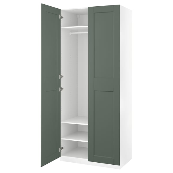 PAX / GRIMO wardrobe combination, white/grey-green, 100x60x236 cm