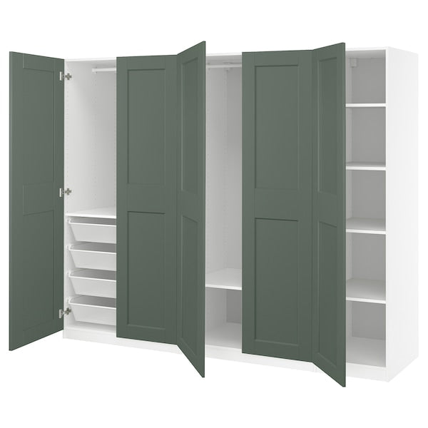 PAX / GRIMO wardrobe combination, white/grey-green, 250x60x201 cm