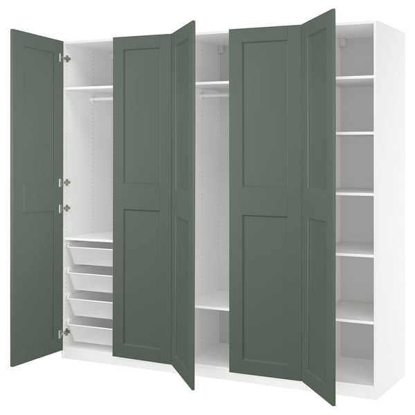 PAX / GRIMO wardrobe combination, white/grey-green, 250x60x236 cm