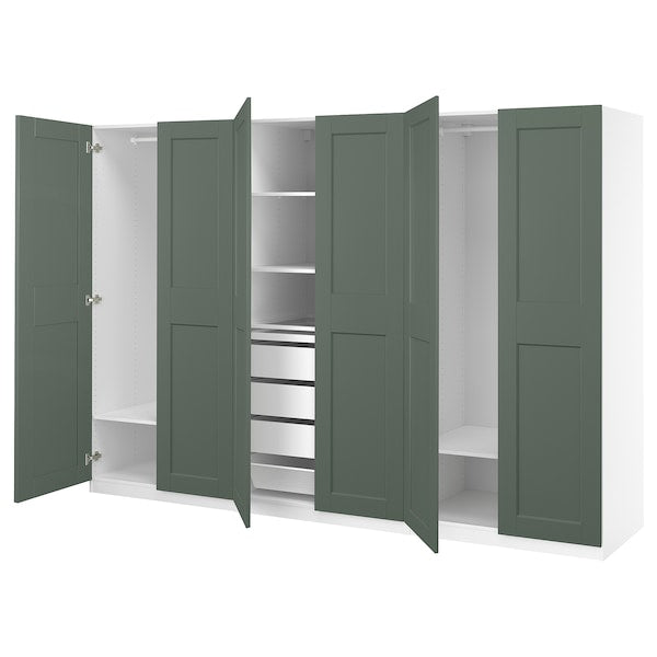 PAX / GRIMO wardrobe combination, white/grey-green, 300x60x201 cm