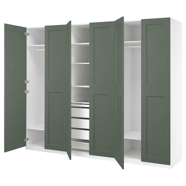 PAX / GRIMO wardrobe combination, white/grey-green, 300x60x236 cm