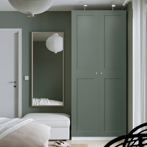 PAX / GRIMO wardrobe combination, white/grey-green, 100x60x236 cm