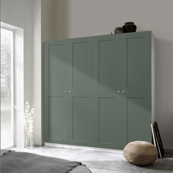 PAX / GRIMO wardrobe combination, white/grey-green, 200x60x201 cm