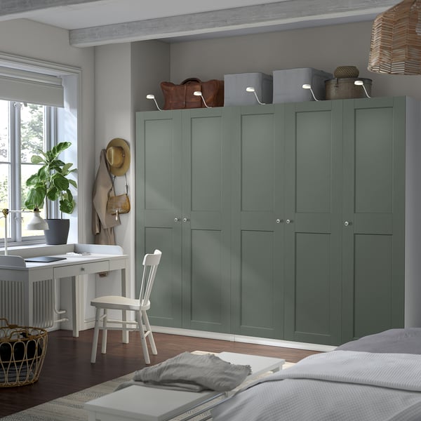 PAX / GRIMO wardrobe combination, white/grey-green, 250x60x201 cm