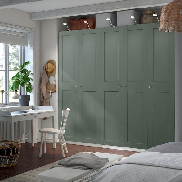 PAX / GRIMO wardrobe combination, white/grey-green, 250x60x236 cm