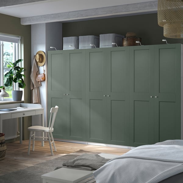 PAX / GRIMO wardrobe combination, white/grey-green, 300x60x201 cm