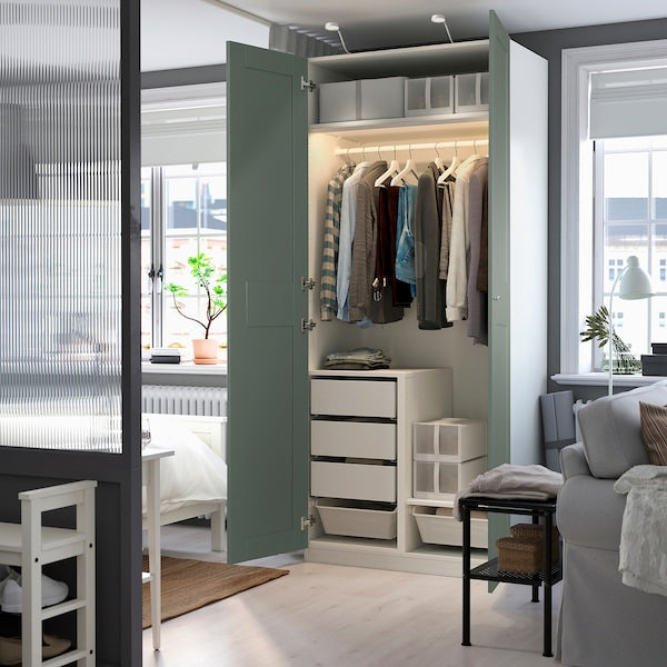 PAX / GRIMO wardrobe combination, white/grey-green, 100x60x236 cm