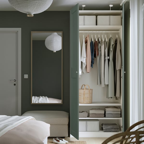 PAX / GRIMO wardrobe combination, white/grey-green, 100x60x236 cm