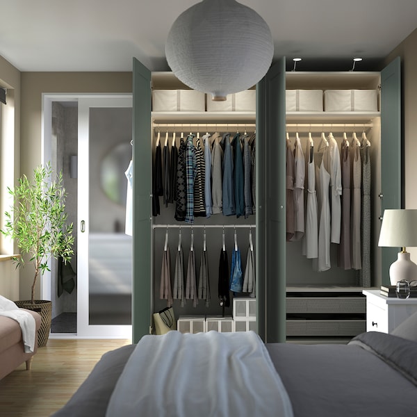 PAX / GRIMO wardrobe combination, white/grey-green, 200x60x236 cm