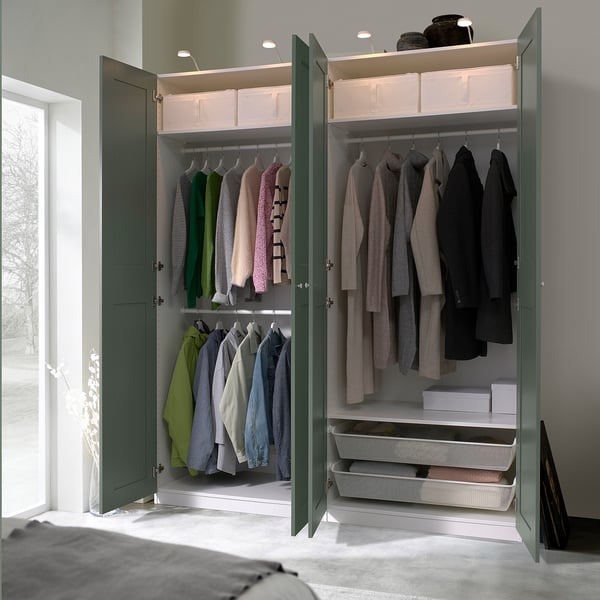 PAX / GRIMO wardrobe combination, white/grey-green, 200x60x236 cm