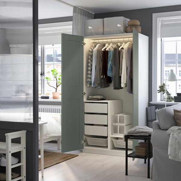 PAX / GRIMO wardrobe combination, white/grey-green, 100x60x201 cm