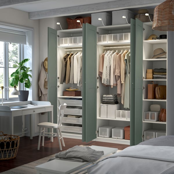 PAX / GRIMO wardrobe combination, white/grey-green, 250x60x236 cm