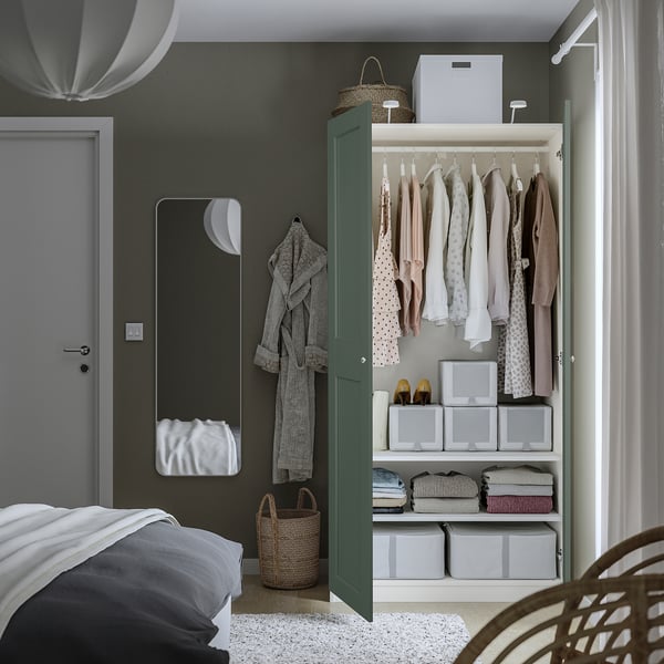 PAX / GRIMO wardrobe combination, white/grey-green, 100x60x201 cm