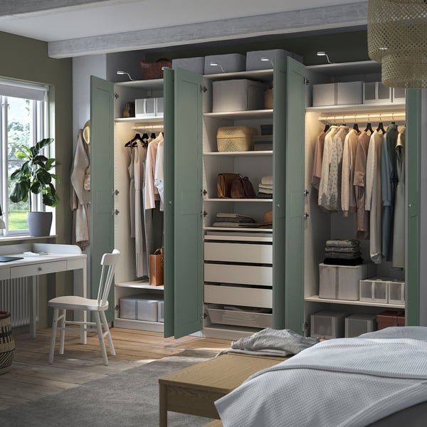 PAX / GRIMO wardrobe combination, white/grey-green, 300x60x236 cm