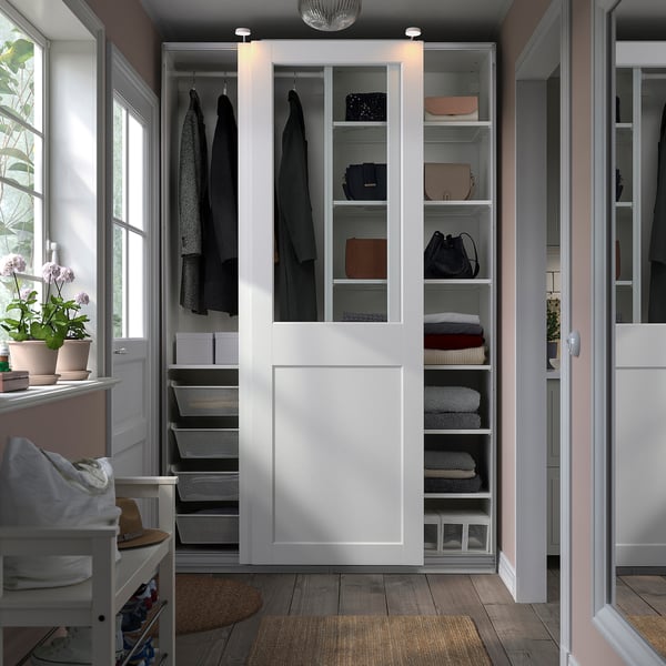 PAX / GRIMO wardrobe combination, white/clear glass white, 150x66x236 cm