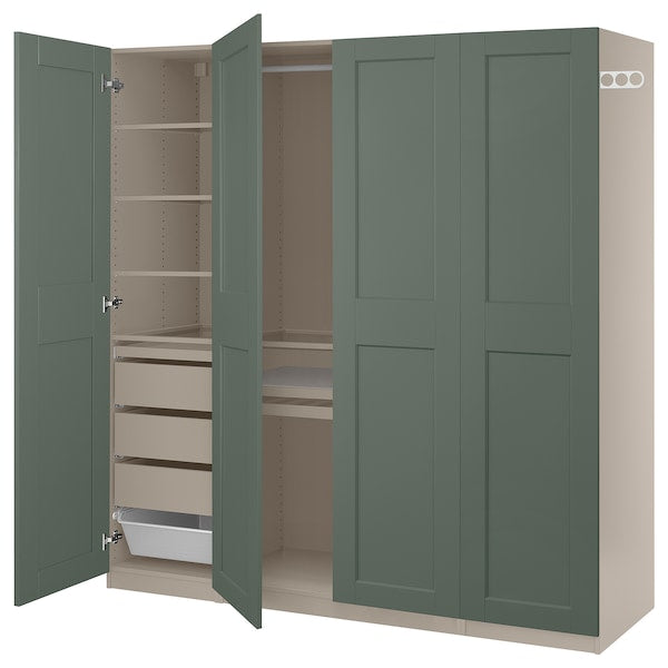 PAX / GRIMO wardrobe combination, grey-beige/grey-green, 200x60x201 cm