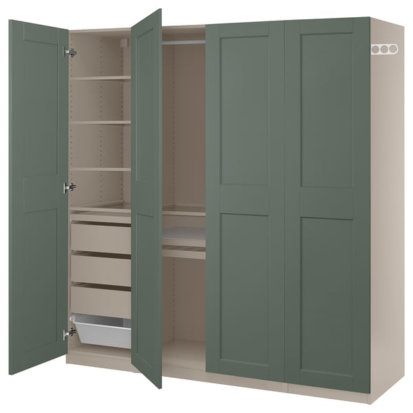 PAX / GRIMO wardrobe combination, grey-beige/grey-green, 200x60x201 cm