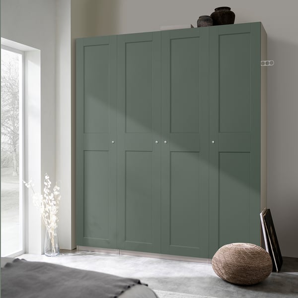 PAX / GRIMO wardrobe combination, grey-beige/grey-green, 200x60x236 cm