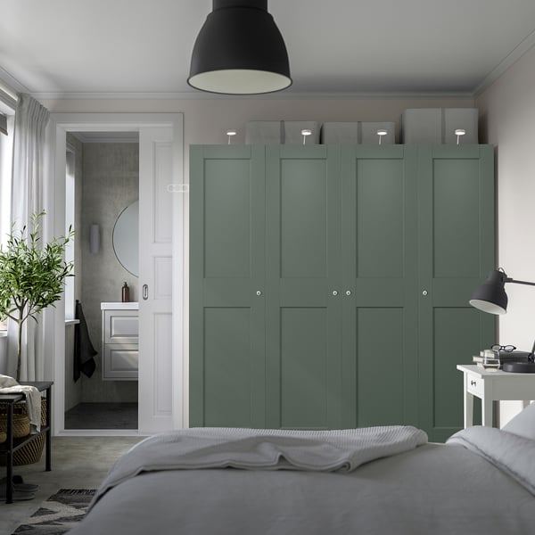 PAX / GRIMO wardrobe combination, grey-beige/grey-green, 200x60x201 cm