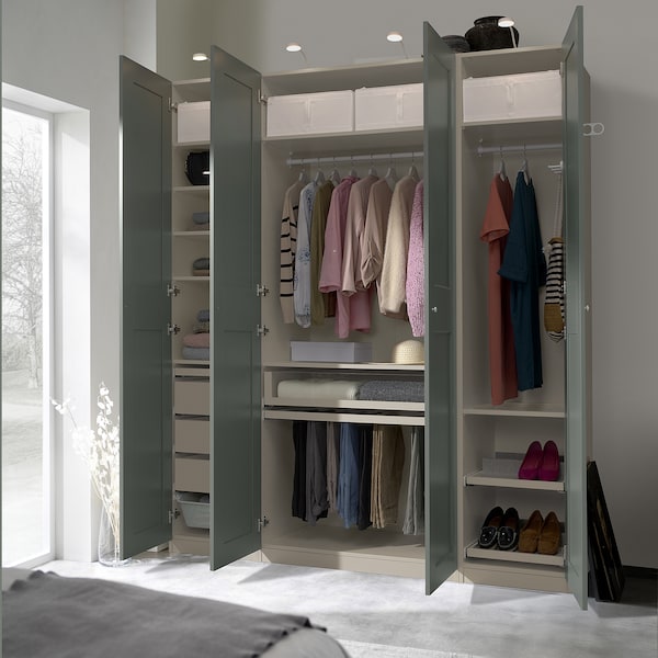 PAX / GRIMO wardrobe combination, grey-beige/grey-green, 200x60x236 cm