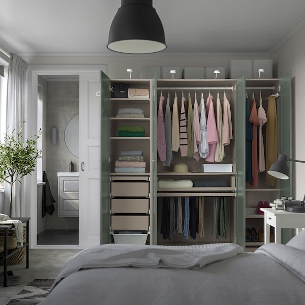 PAX / GRIMO wardrobe combination, grey-beige/grey-green, 200x60x201 cm