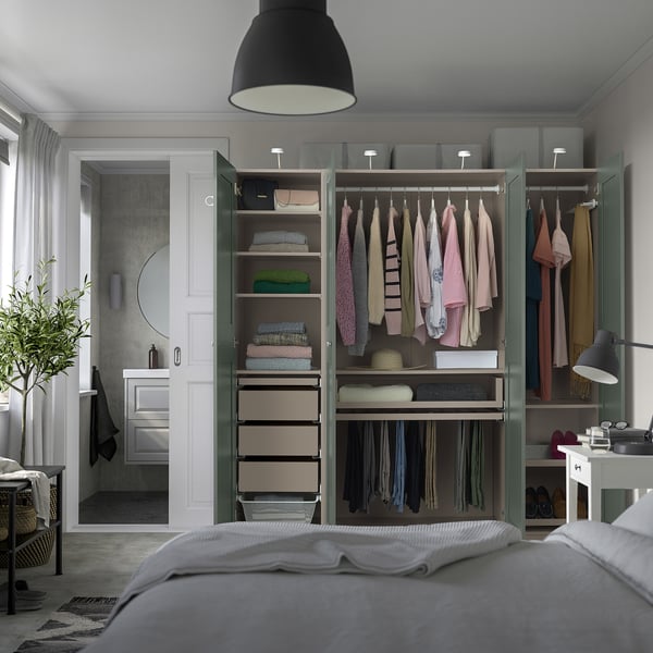 PAX / GRIMO wardrobe combination, grey-beige/grey-green, 200x60x201 cm