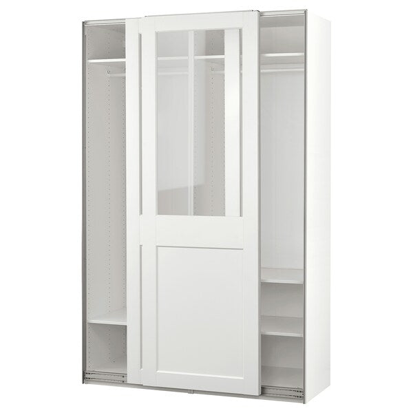 PAX / GRIMO - Wardrobe with sliding doors, white/transparent glass white,150x66x236 cm