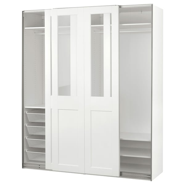 PAX / GRIMO wardrobe with sliding doors, white/clear glass white, 200x66x236 cm