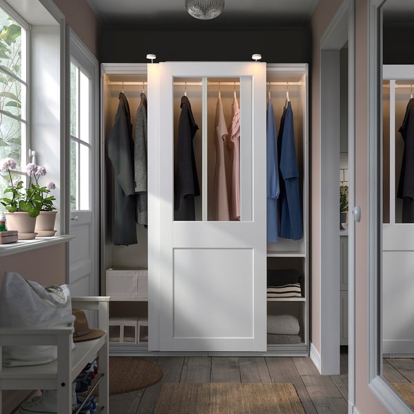 PAX / GRIMO wardrobe with sliding doors, white/clear glass white, 150x66x201 cm