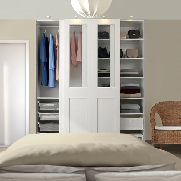 PAX / GRIMO wardrobe with sliding doors, white/clear glass white, 200x66x236 cm