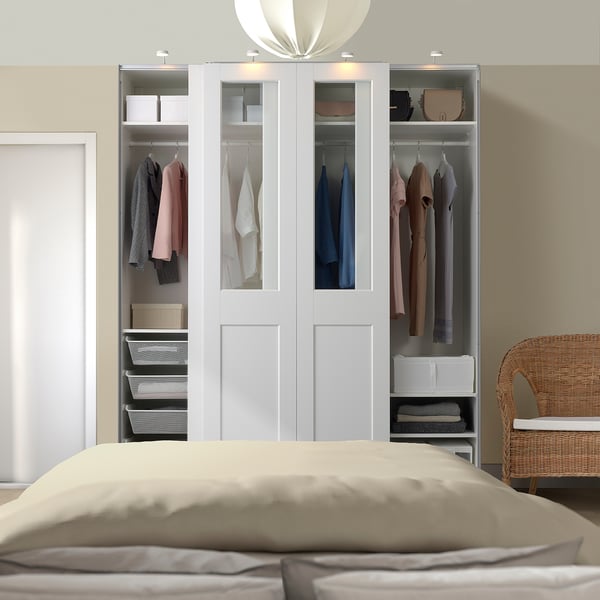 PAX / GRIMO wardrobe with sliding doors, white/clear glass white, 200x66x236 cm