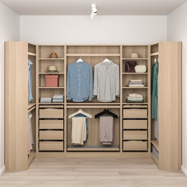 PAX corner wardrobe, white stained oak effect, 113/276/113x201 cm