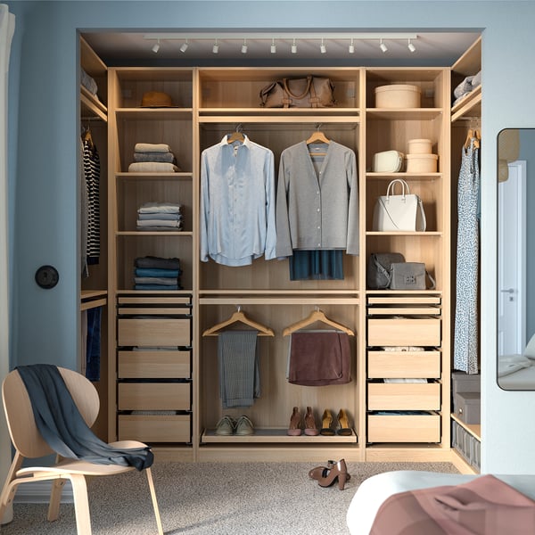 PAX corner wardrobe, white stained oak effect, 113/276/113x236 cm