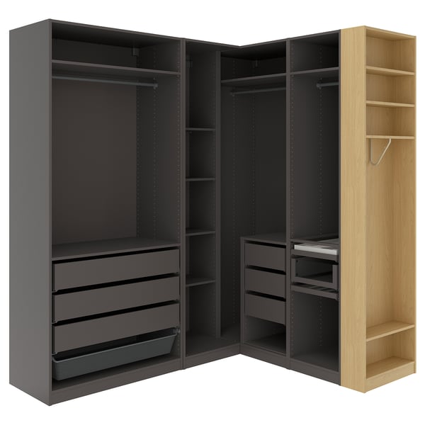 PAX corner wardrobe, dark grey dark grey/oak effect, 210/180x236 cm