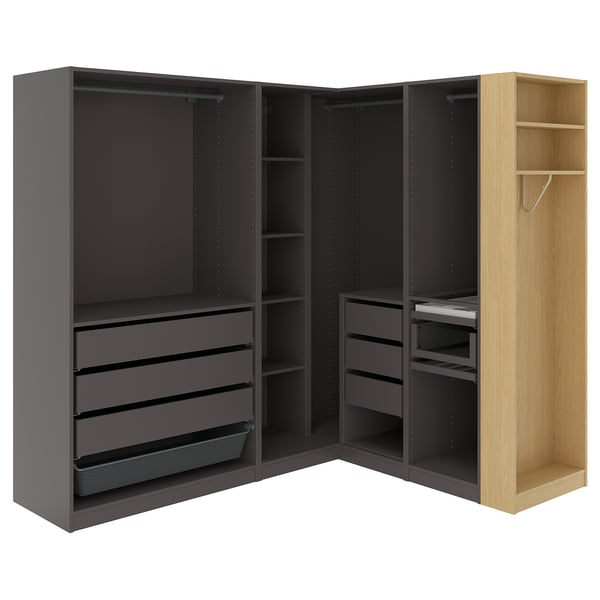 PAX corner wardrobe, dark grey dark grey/oak effect, 230.5x201.2 cm