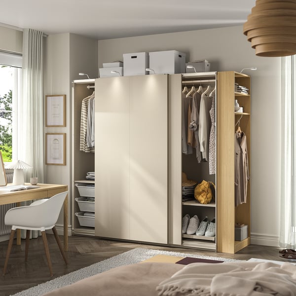 PAX / HASVIK wardrobe with sliding doors, grey-beige grey-beige/oak effect, 220x66x201 cm