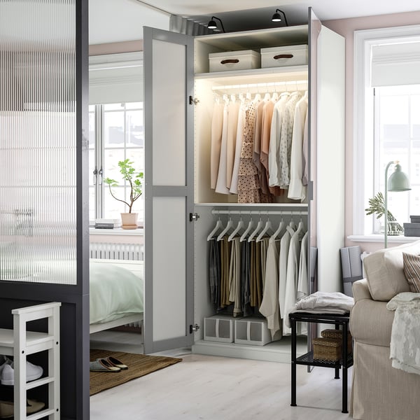 PAX / KAMMARTORP wardrobe combination, white mirror glass/grey, 100x60x236 cm