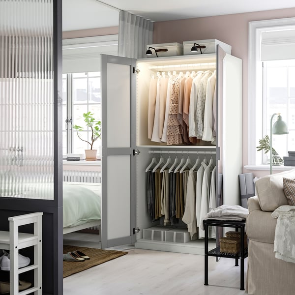 PAX / KAMMARTORP wardrobe combination, white mirror glass/grey, 100x60x201 cm