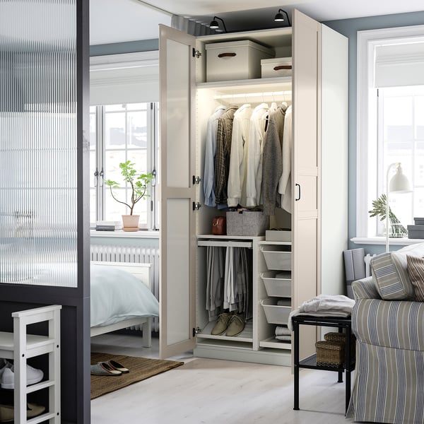 PAX / KAMMARTORP/FLISBERGET wardrobe combination, white mirror glass/grey light beige, 100x60x236 cm