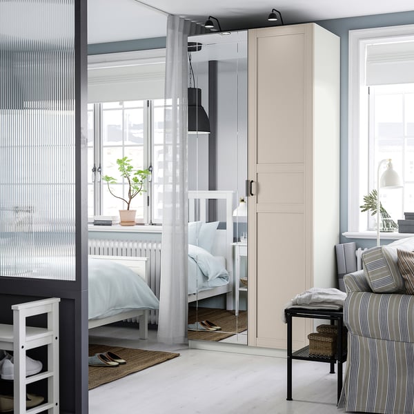 PAX / KAMMARTORP/FLISBERGET wardrobe combination, white mirror glass/grey light beige, 100x60x236 cm