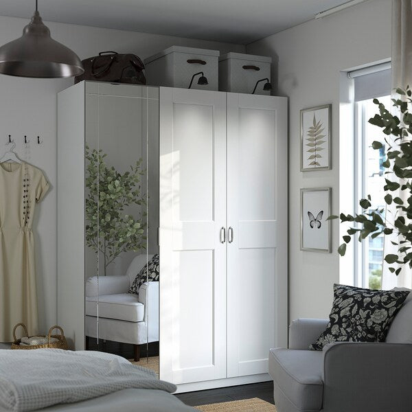 PAX / KAMMARTORP/GRIMO wardrobe combination, white mirror glass/grey white, 150x60x201 cm