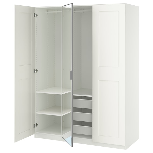 PAX / KAMMARTORP/GRIMO wardrobe combination, white mirror glass/grey white, 150x60x201 cm